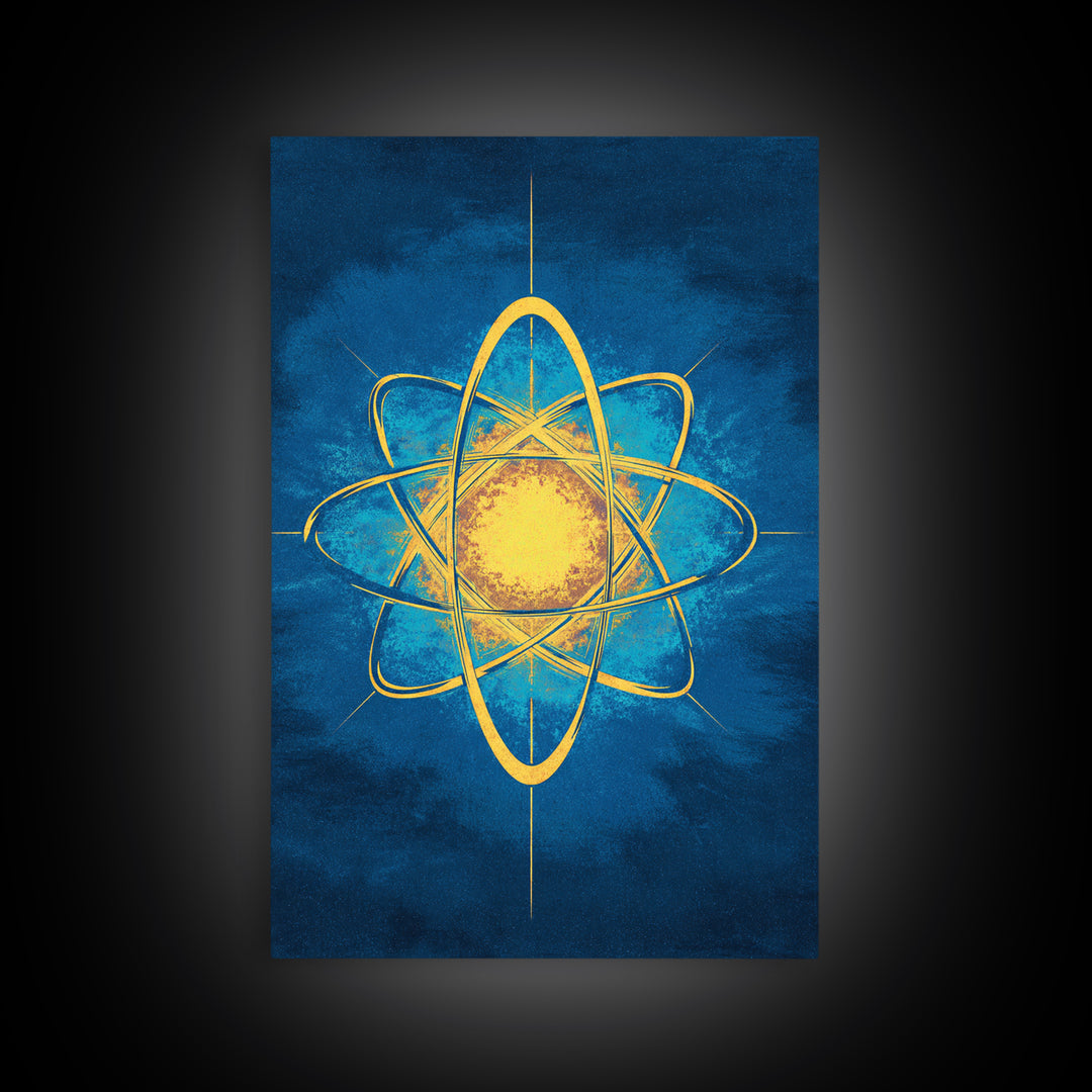 Glowing Yellow Atom On Blue Framed Canvas Print, Midcentury Modern Wall Art, Retro Science Poster, Geometric Space Decor