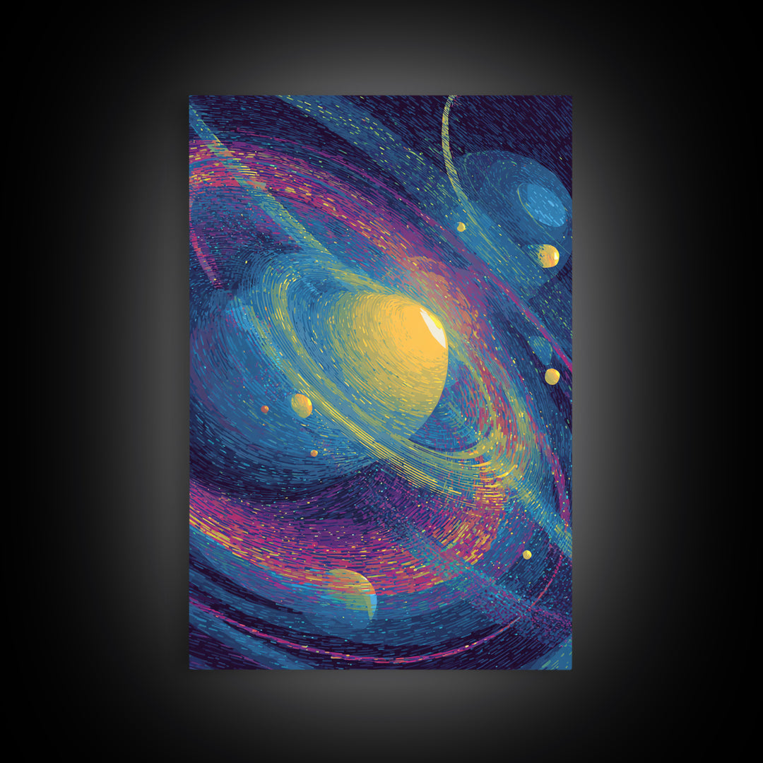 Vibrant Saturn Galaxy With Colorful Swirls Canvas Print, Cosmic Retro Wall Decor, Modern Abstract Art, Space Poster Gift