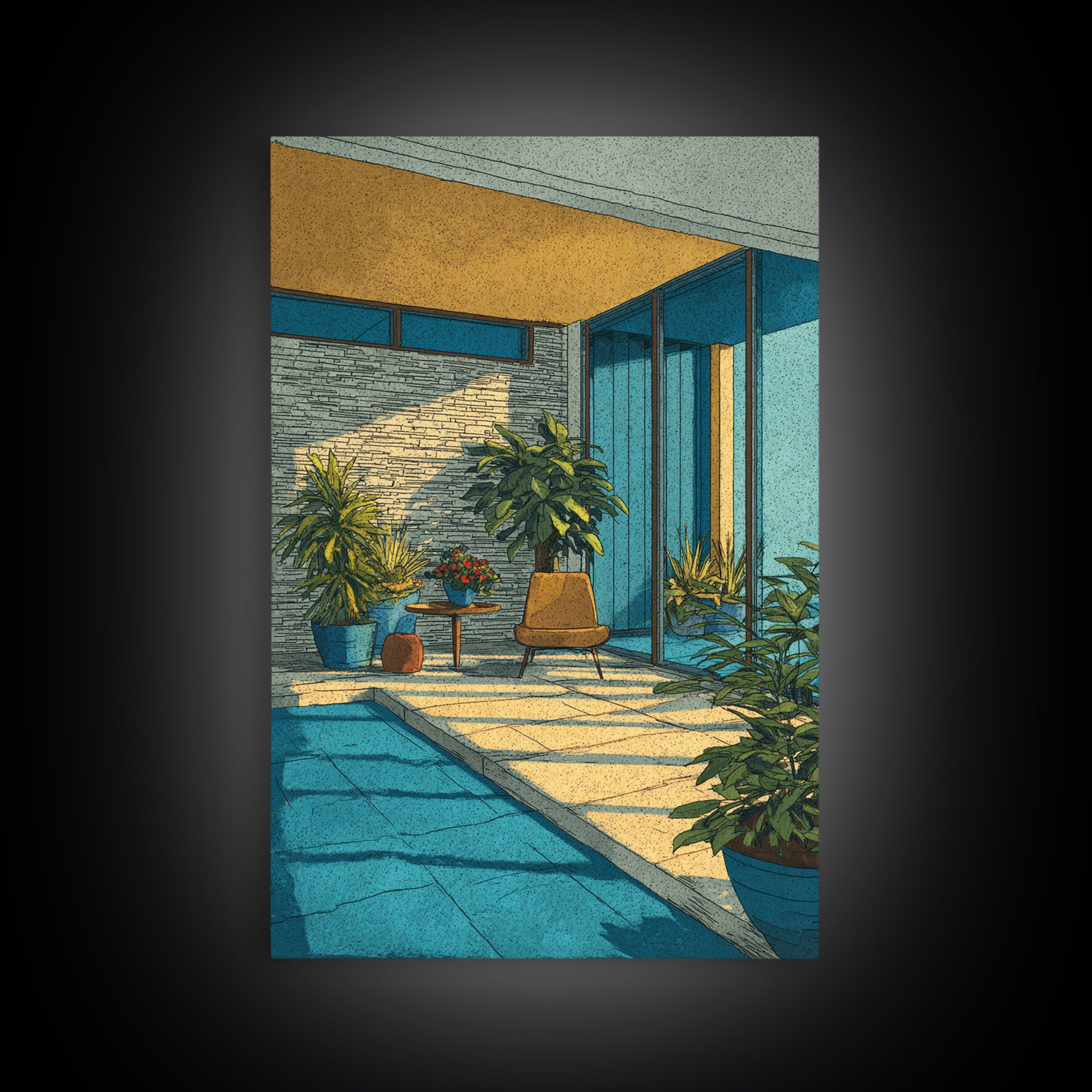 Sunlit Mid Century Patio Pool Framed Canvas Print, Modern Architecture Wall Art, Palm Springs Decor, MCM Home Office Decor