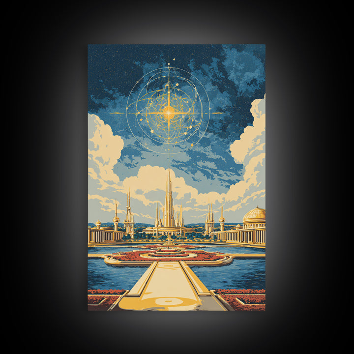 Golden Celestial Palace And Star Map Wall Art, Mid Century Modern Sci Fi Poster, Futuristic City Decor, Cosmic Canvas Print