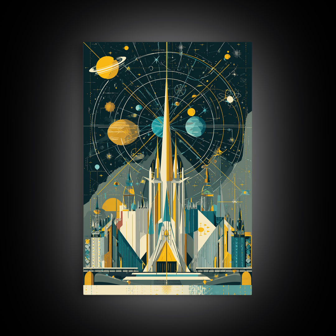Atomic Rocket Spire Space Age City Canvas Print, Mid Century Modern Wall Art, Futuristic Planet Poster, Geometric MCM Decor