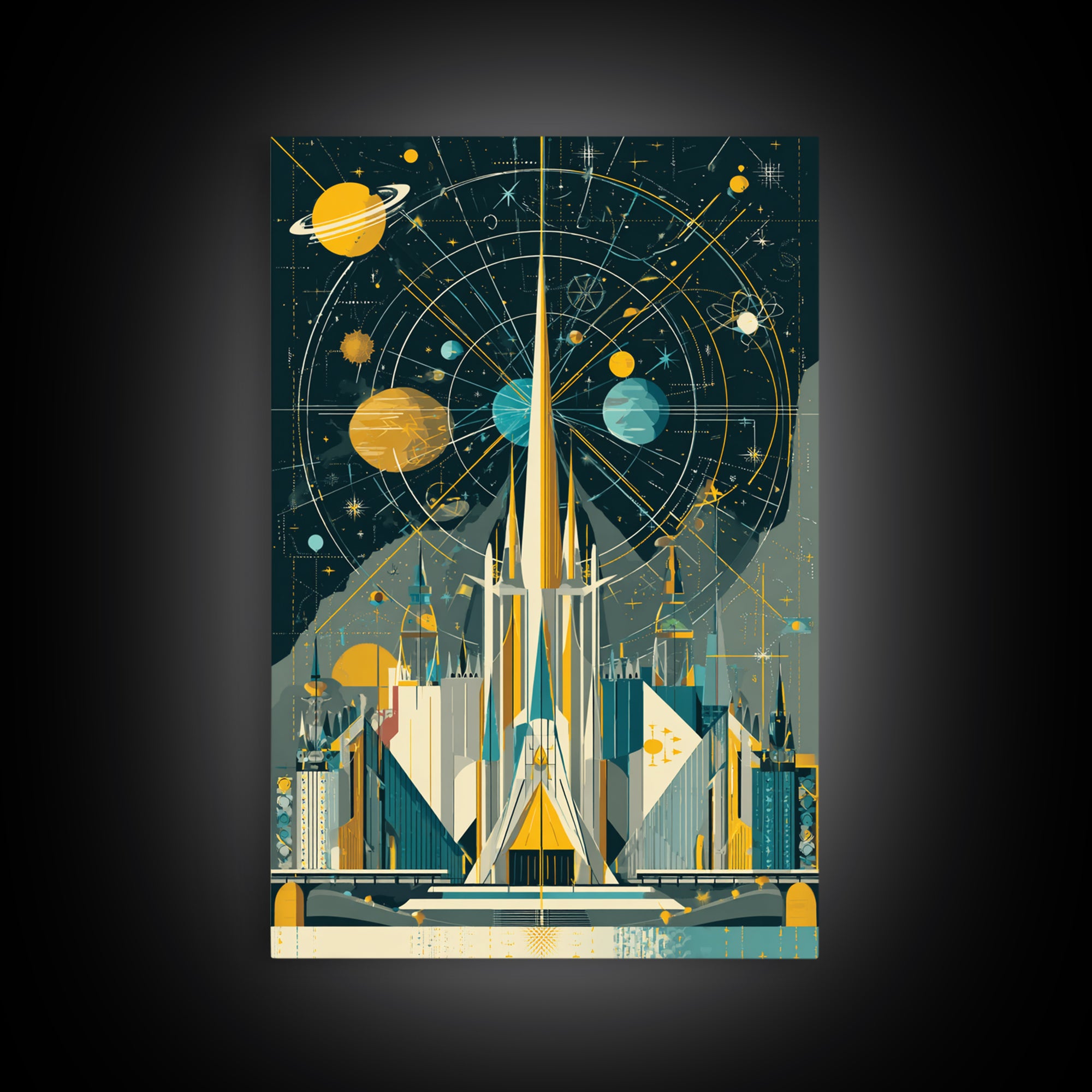 Atomic Rocket Spire Space Age City Canvas Print, Mid Century Modern Wall Art, Futuristic Planet Poster, Geometric MCM Decor