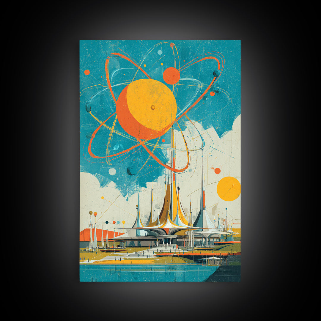 Giant Atomic Sun Over Futuristic City Wall Art, Mid Century Modern Canvas Print, Retro Space Age Poster, Turquoise Decor