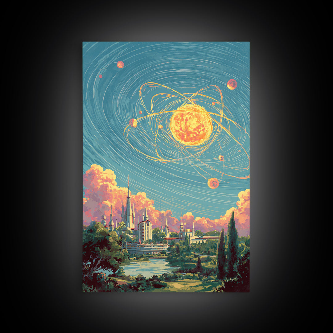 Glowing Atomic Sun Over Retro Future City Canvas Print, Mid Century Modern Wall Art, Cosmic Space Poster, Scenic MCM Decor