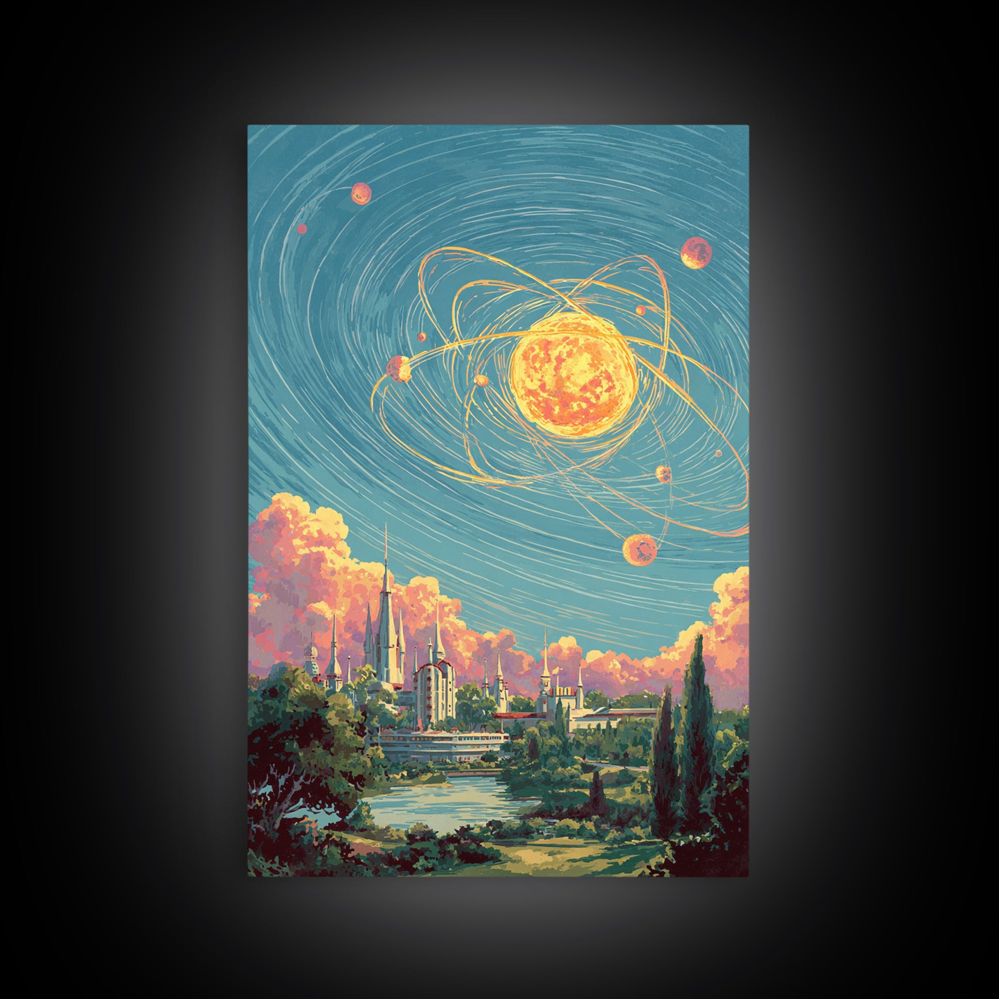 Glowing Atomic Sun Over Retro Future City Canvas Print, Mid Century Modern Wall Art, Cosmic Space Poster, Scenic MCM Decor
