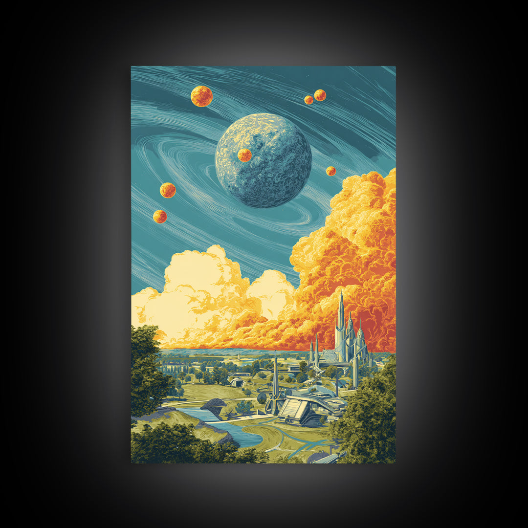 Retro Futuristic Planet City Wall Art, Sci Fi Space Landscape, Midcentury Modern Poster, Atomic MCM Decor, Blue Orange Print