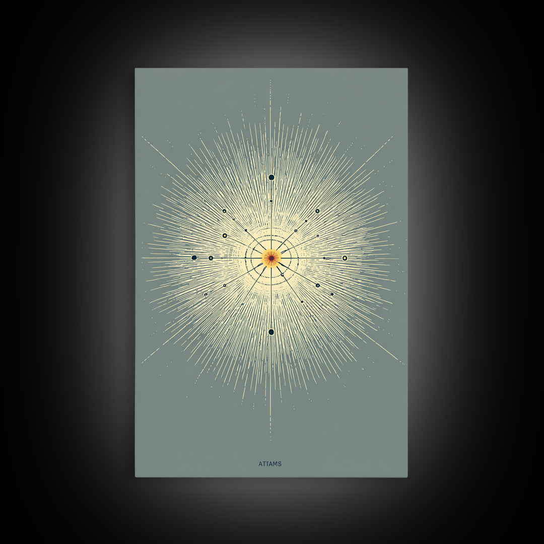 Atomic Starburst Diagram Wall Art, Midcentury Modern Abstract Sun Poster, Sage Green Geometric MCM Decor, Minimalist Print