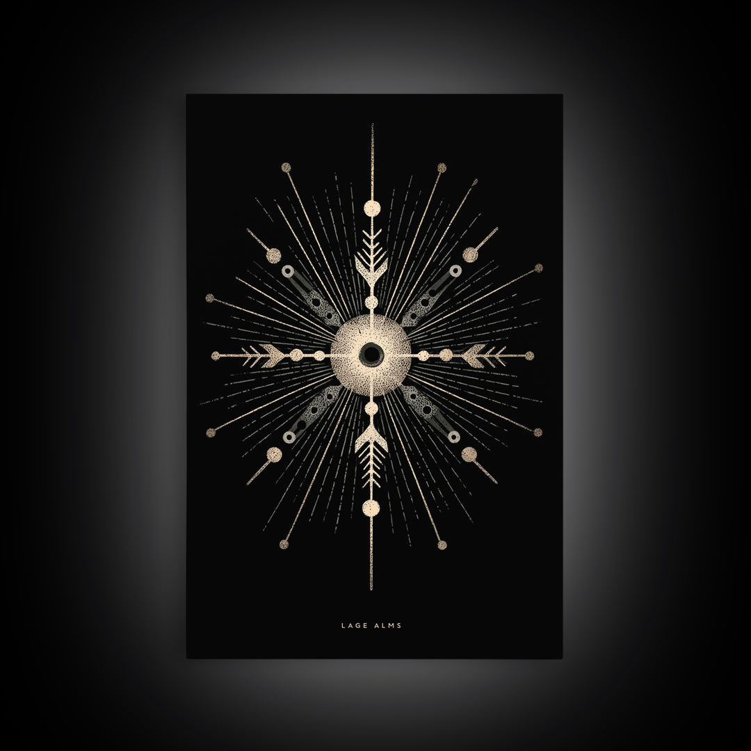 Gold Celestial Starburst Canvas Print, Black Cosmic Wall Decor, Midcentury Atomic Abstract Poster, Spiritual Geometric Art