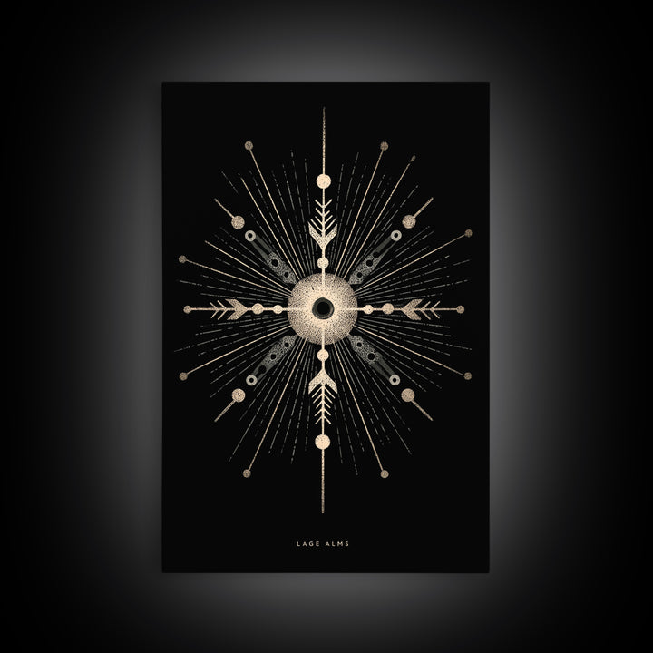 Gold Celestial Starburst Canvas Print, Black Cosmic Wall Decor, Midcentury Atomic Abstract Poster, Spiritual Geometric Art