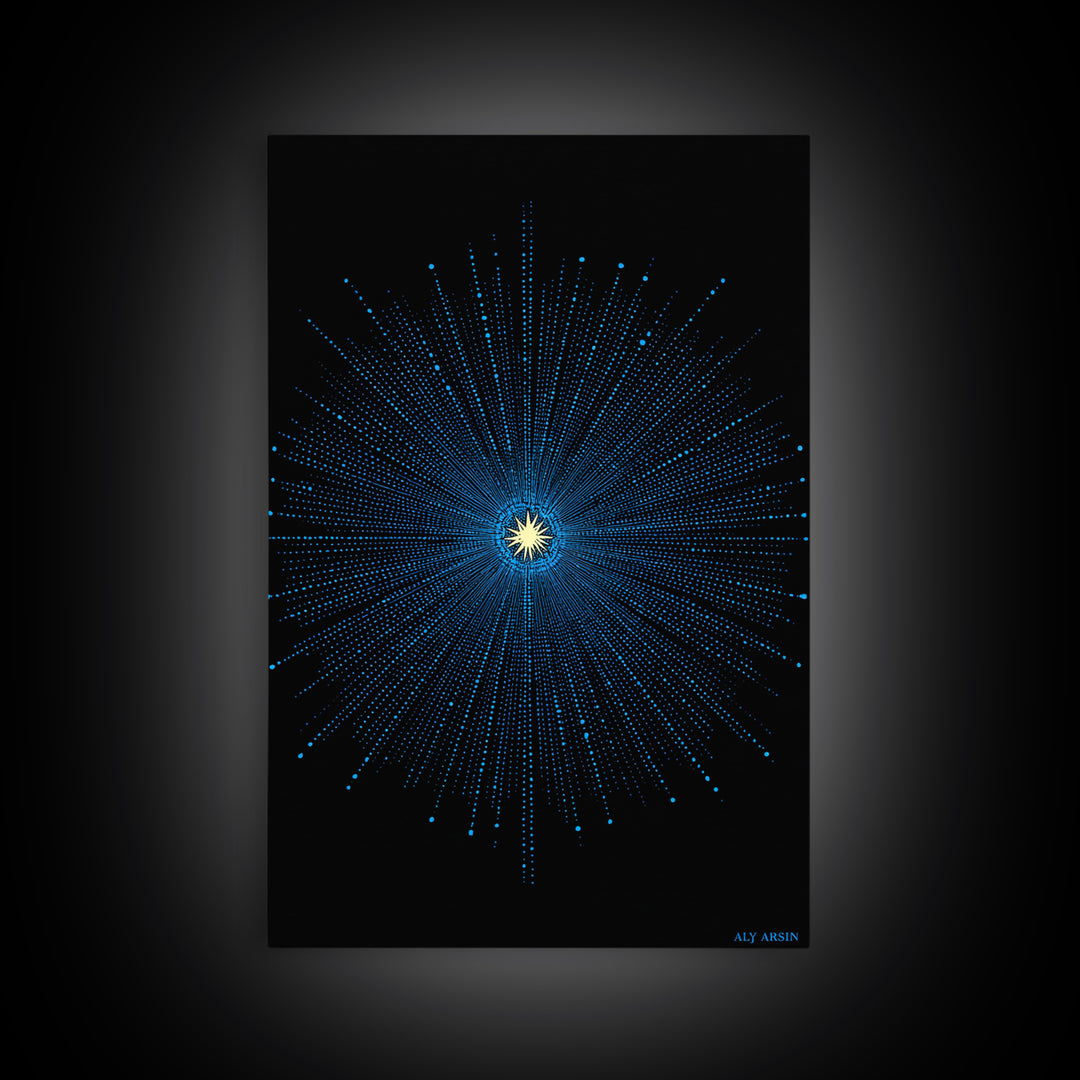 Blue Cosmic Starburst Wall Art, Modern Abstract Space Poster, Atomic Midcentury Decor, Black Sci Fi Galaxy Print For Living Room