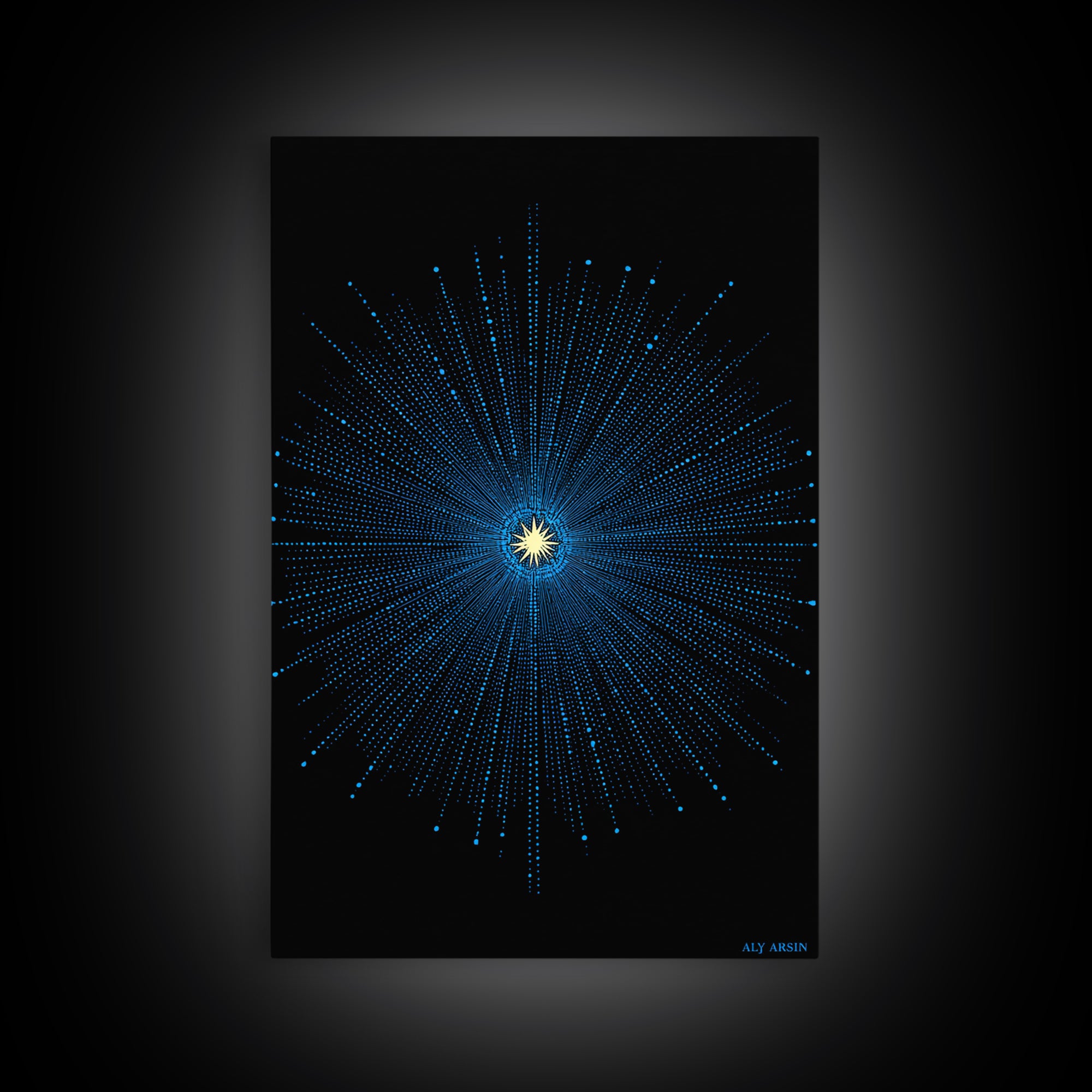 Blue Cosmic Starburst Wall Art, Modern Abstract Space Poster, Atomic Midcentury Decor, Black Sci Fi Galaxy Print For Living Room