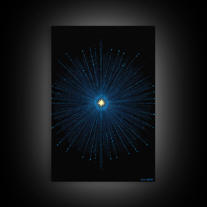 Blue Cosmic Starburst Wall Art, Modern Abstract Space Poster, Atomic Midcentury Decor, Black Sci Fi Galaxy Print For Living Room