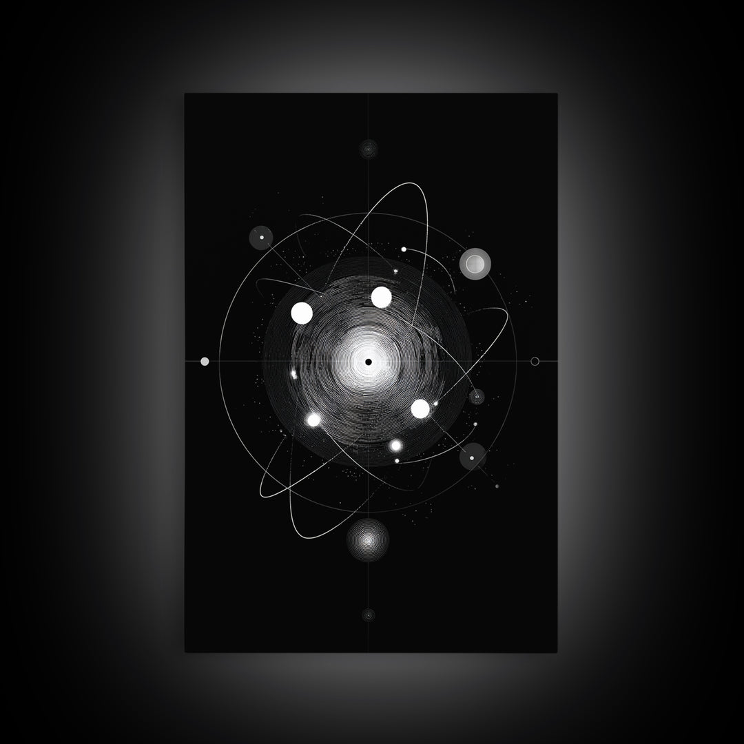 Radiant Atomic Orbit Vortex Wall Art, Black And White Space Abstract, Mid Century Modern Decor, Geometric Sci Fi Poster Print