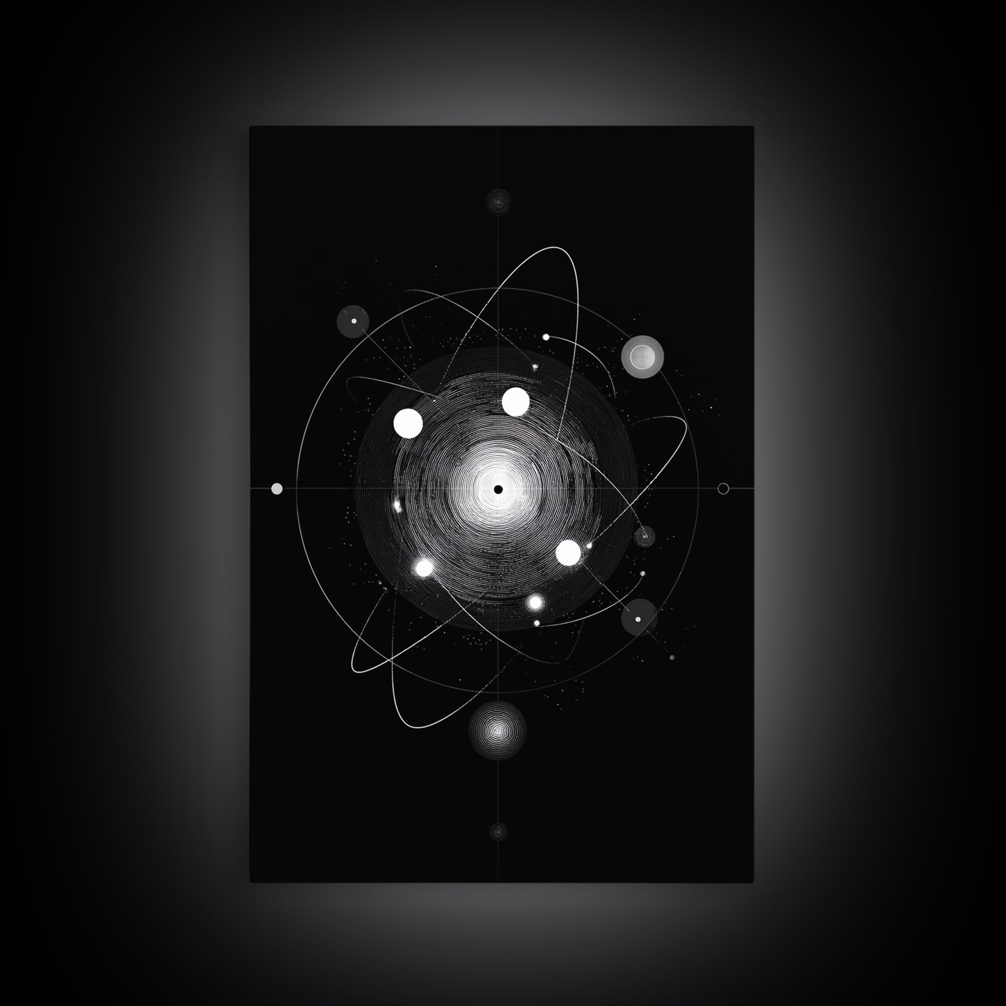 Radiant Atomic Orbit Vortex Wall Art, Black And White Space Abstract, Mid Century Modern Decor, Geometric Sci Fi Poster Print
