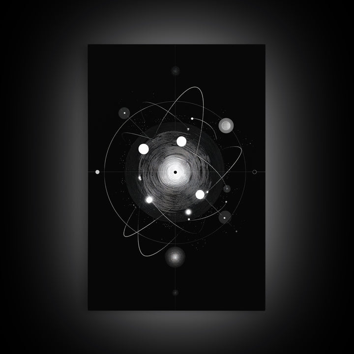 Radiant Atomic Orbit Vortex Wall Art, Black And White Space Abstract, Mid Century Modern Decor, Geometric Sci Fi Poster Print