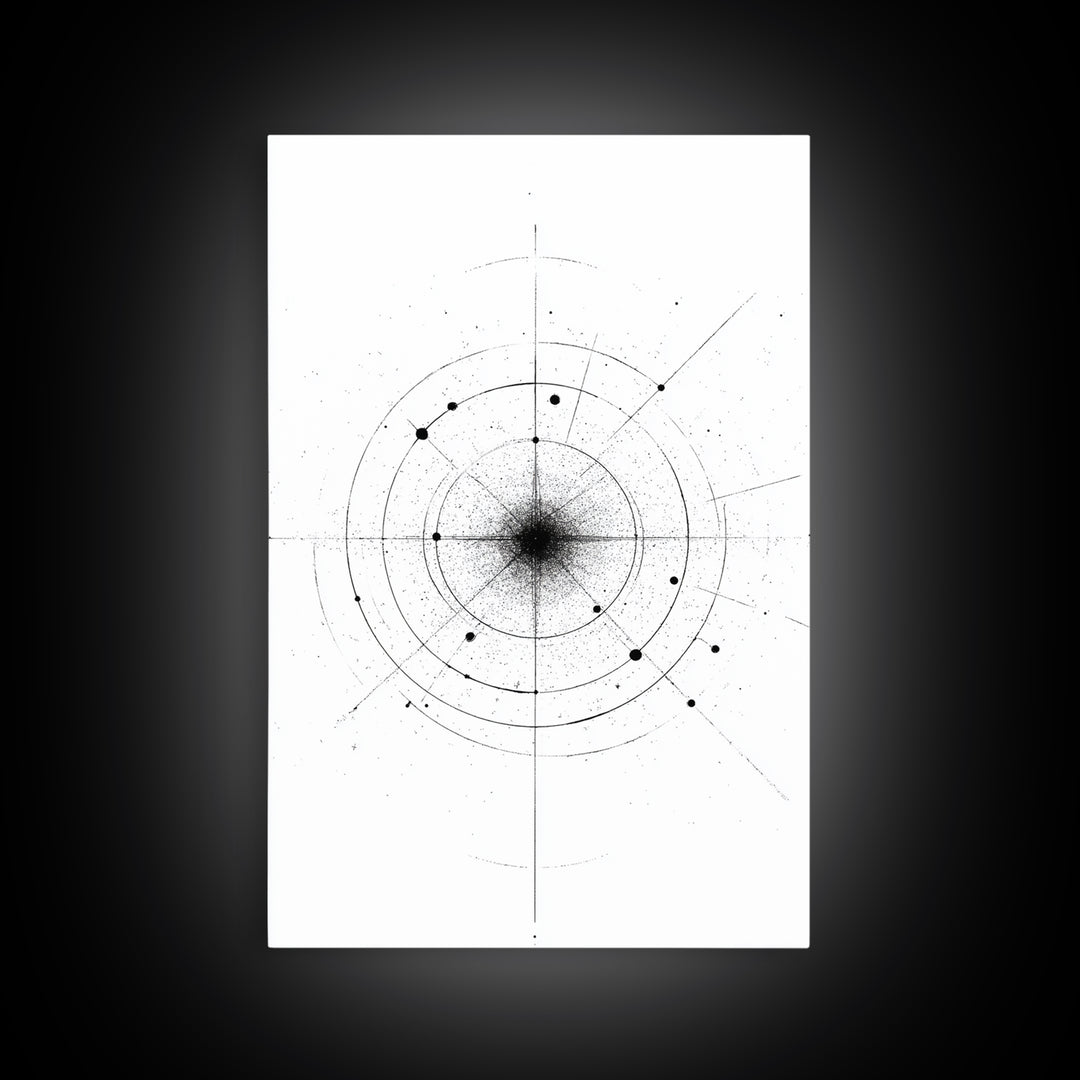 Minimal Celestial Orbit Diagram Wall Art, Black And White Abstract Geometry, Modern Art Print, Mid Century Office Decor Poster