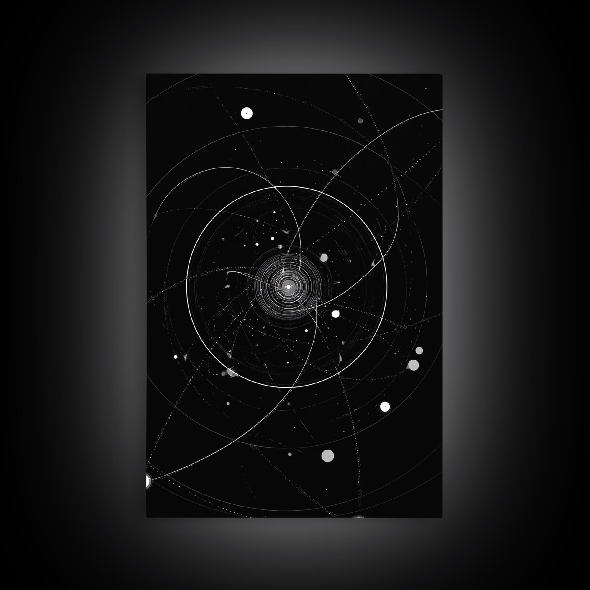 Deep Space Orbital Spiral Wall Art, Black White Cosmic Abstract, Geometric Modern Art Print, Retro Sci Fi Home Decor Poster