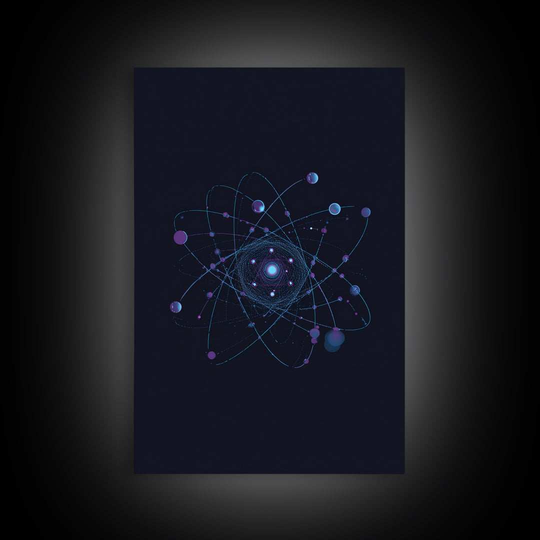 Blue Purple Atomic Orbit Canvas Print, Dark Space Abstract Science Art, Modern Wall Decor, Midcentury Geometric Poster Print