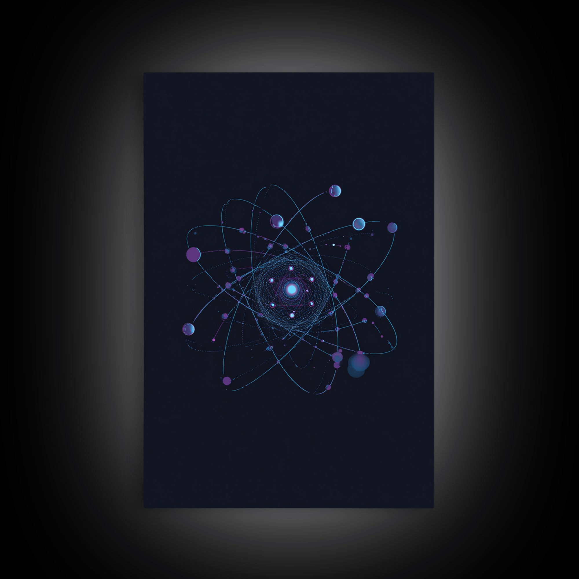 Blue Purple Atomic Orbit Canvas Print, Dark Space Abstract Science Art, Modern Wall Decor, Midcentury Geometric Poster Print