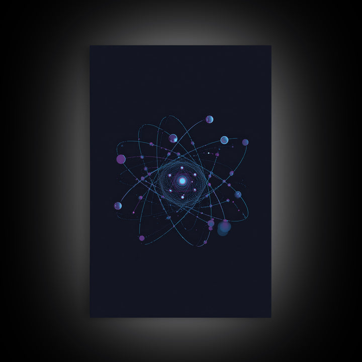 Blue Purple Atomic Orbit Canvas Print, Dark Space Abstract Science Art, Modern Wall Decor, Midcentury Geometric Poster Print