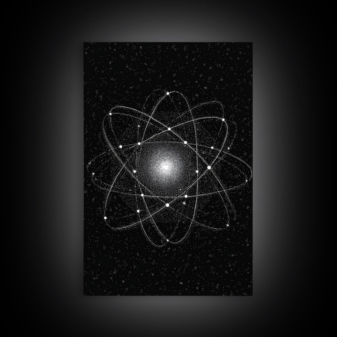 Glowing Atomic Starfield Wall Art, Black White Science Abstract, Mid Century Modern Decor, Geometric Space Poster Print Art
