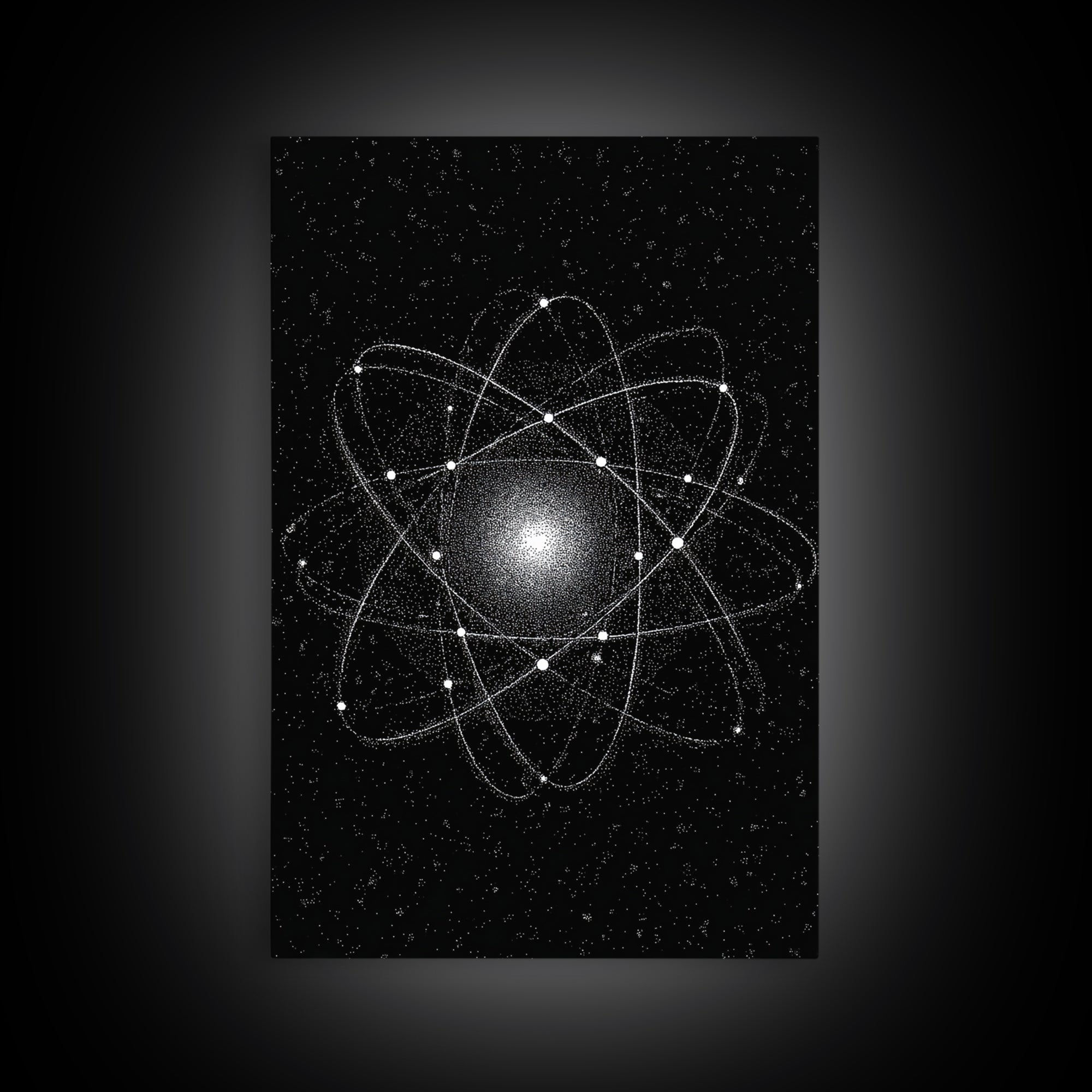 Glowing Atomic Starfield Wall Art, Black White Science Abstract, Mid Century Modern Decor, Geometric Space Poster Print Art