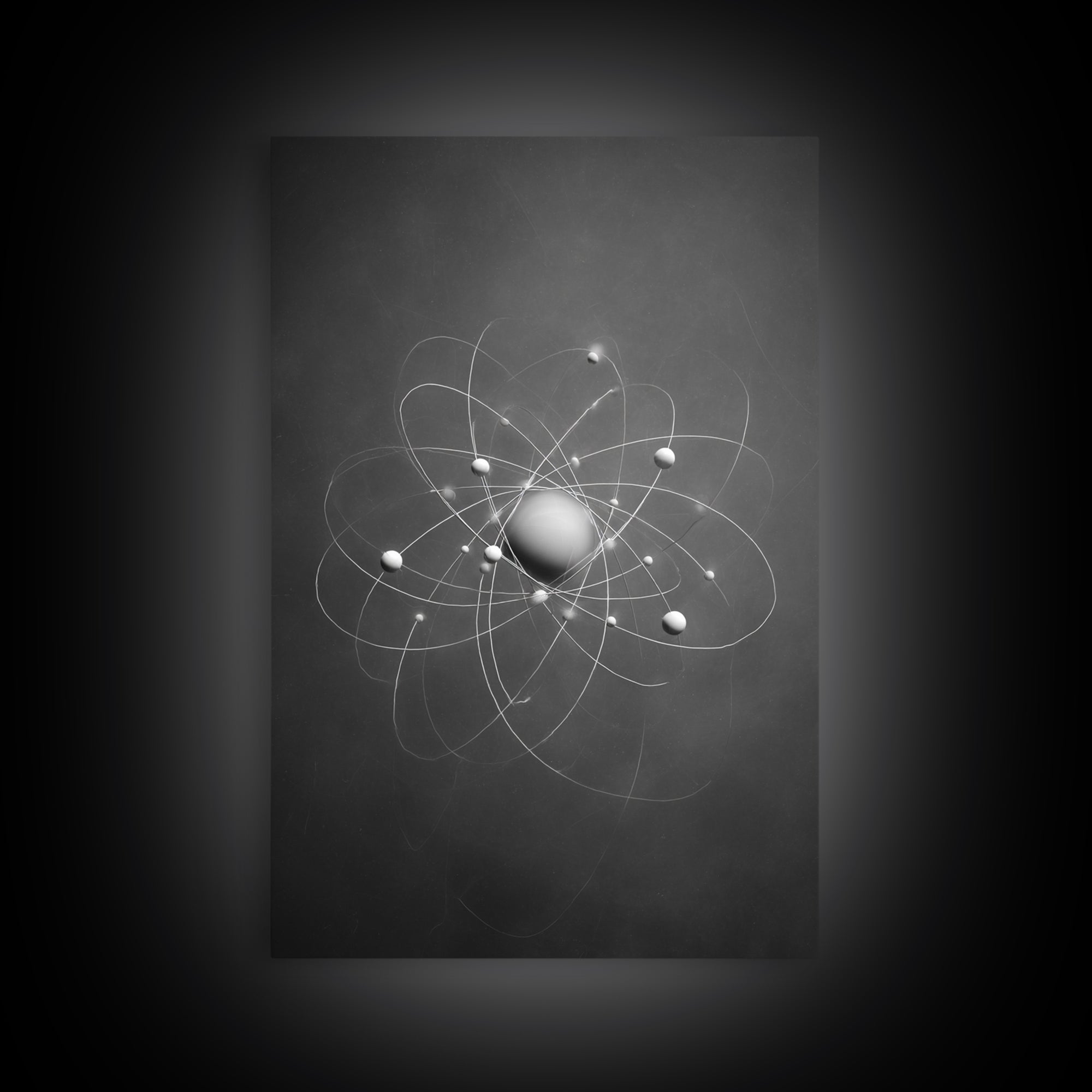 Monochrome Atom Model Framed Canvas Print, Gray Science Abstract Art, Modern Wall Decor, Mid Century Geometric Poster Print