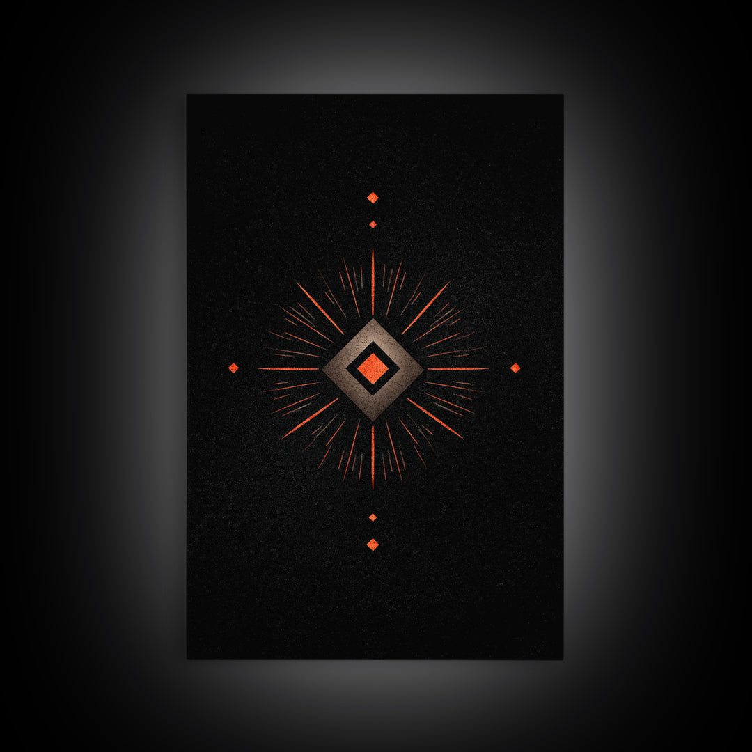 Orange Diamond Sunburst Wall Art, Black Atomic Abstract Design, Mid Century Modern Decor, Geometric Retro Poster Print Art