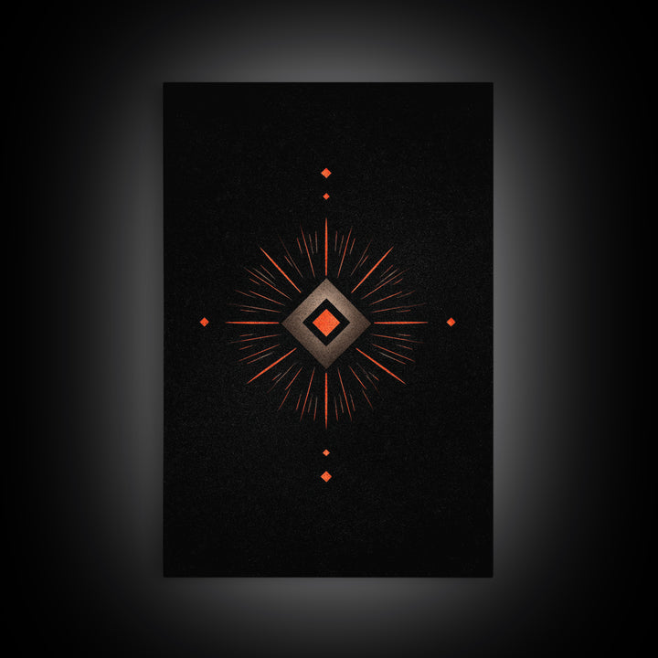 Orange Diamond Sunburst Wall Art, Black Atomic Abstract Design, Mid Century Modern Decor, Geometric Retro Poster Print Art