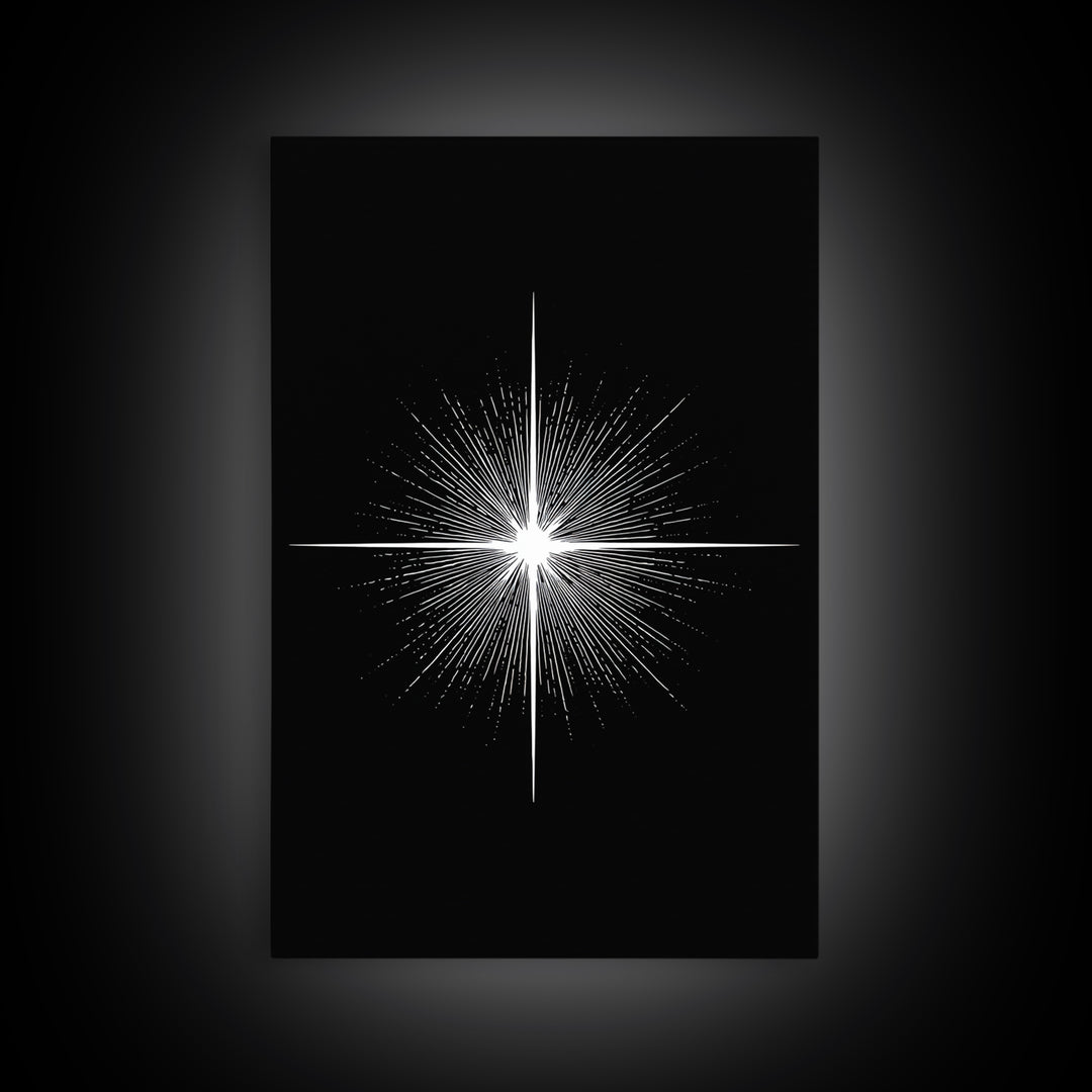 White Radiant Starburst Wall Art, Black Minimal Cosmic Abstract, Modern Geometric Poster, Mid Century Space Home Decor Print
