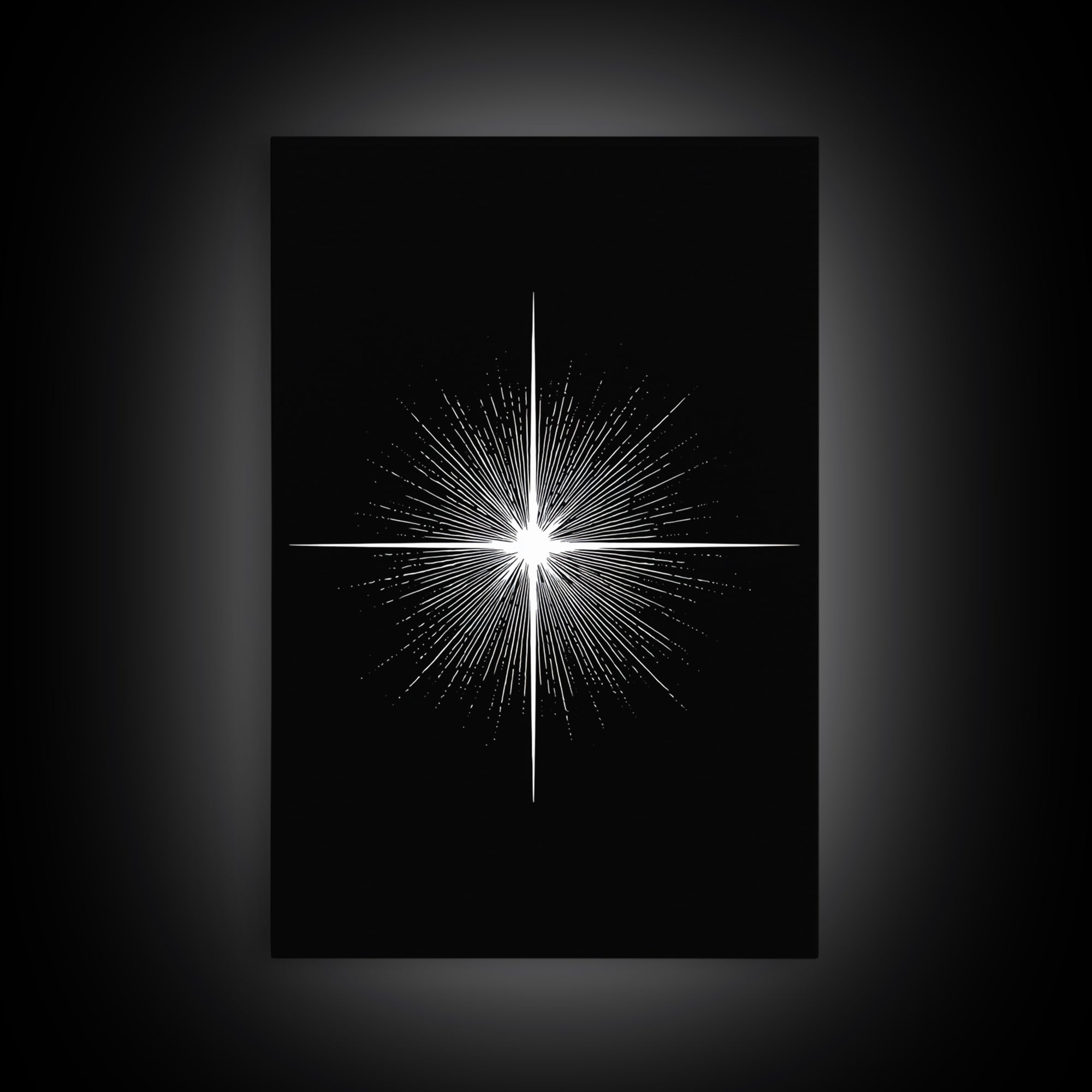 White Radiant Starburst Wall Art, Black Minimal Cosmic Abstract, Modern Geometric Poster, Mid Century Space Home Decor Print