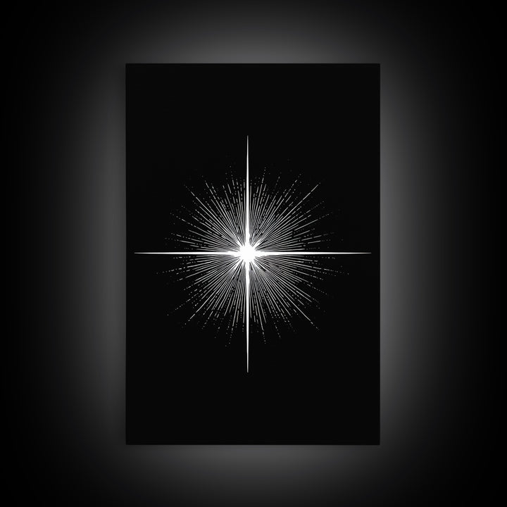 White Radiant Starburst Wall Art, Black Minimal Cosmic Abstract, Modern Geometric Poster, Mid Century Space Home Decor Print