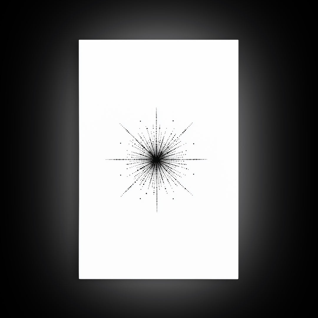 Dotted Cosmic Starburst Wall Art, Black And White Minimal Abstract, Modern Geometric Poster, Mid Century Office Decor Print