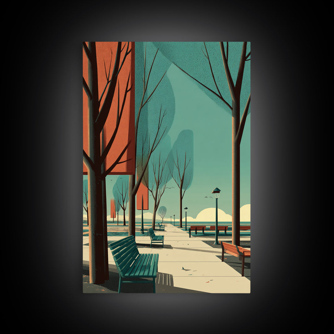 Teal Orange City Promenade Wall Art, Mid Century Modern Travel Poster, Architectural Park Print, Retro Urban Wall Decor Print