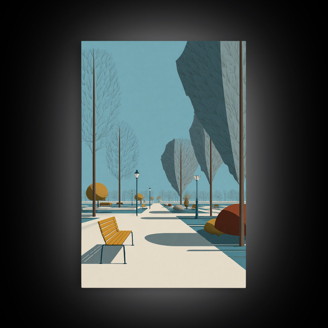 Winter Park Avenue With Yellow Bench Wall Art, Mid Century Modern Landscape Print, Scandinavian Modern Office Decor Poster