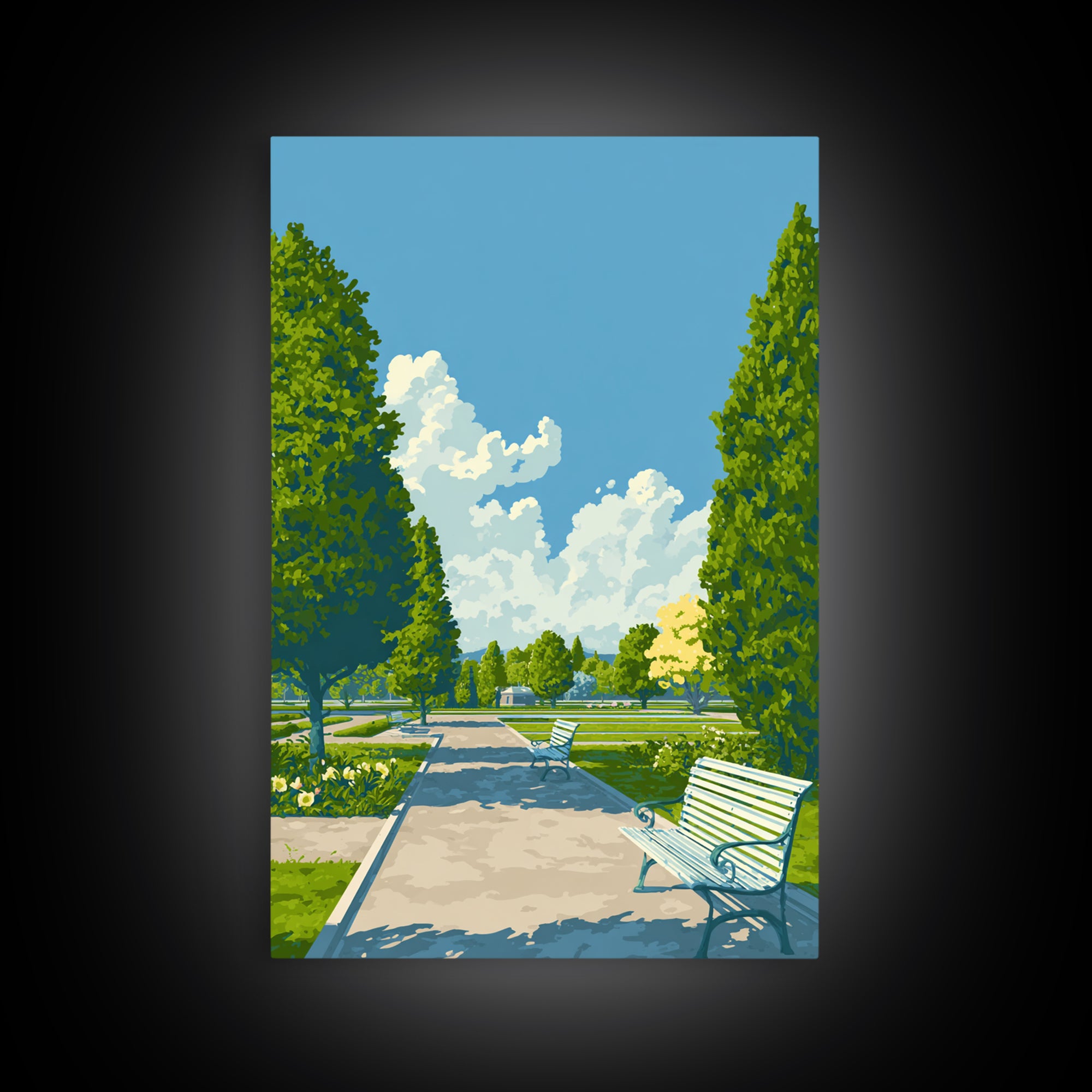 Green Formal Garden Walkway Framed Canvas Print, Mid Century Modern Nature Art, Bright Park Landscape Wall Decor For Home Office