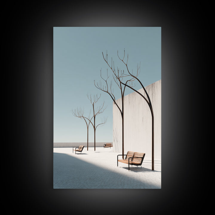 Minimal White Courtyard Benches Wall Art, Mid Century Modern Architectural Print, Scandinavian Modern Minimalist Decor Poster
