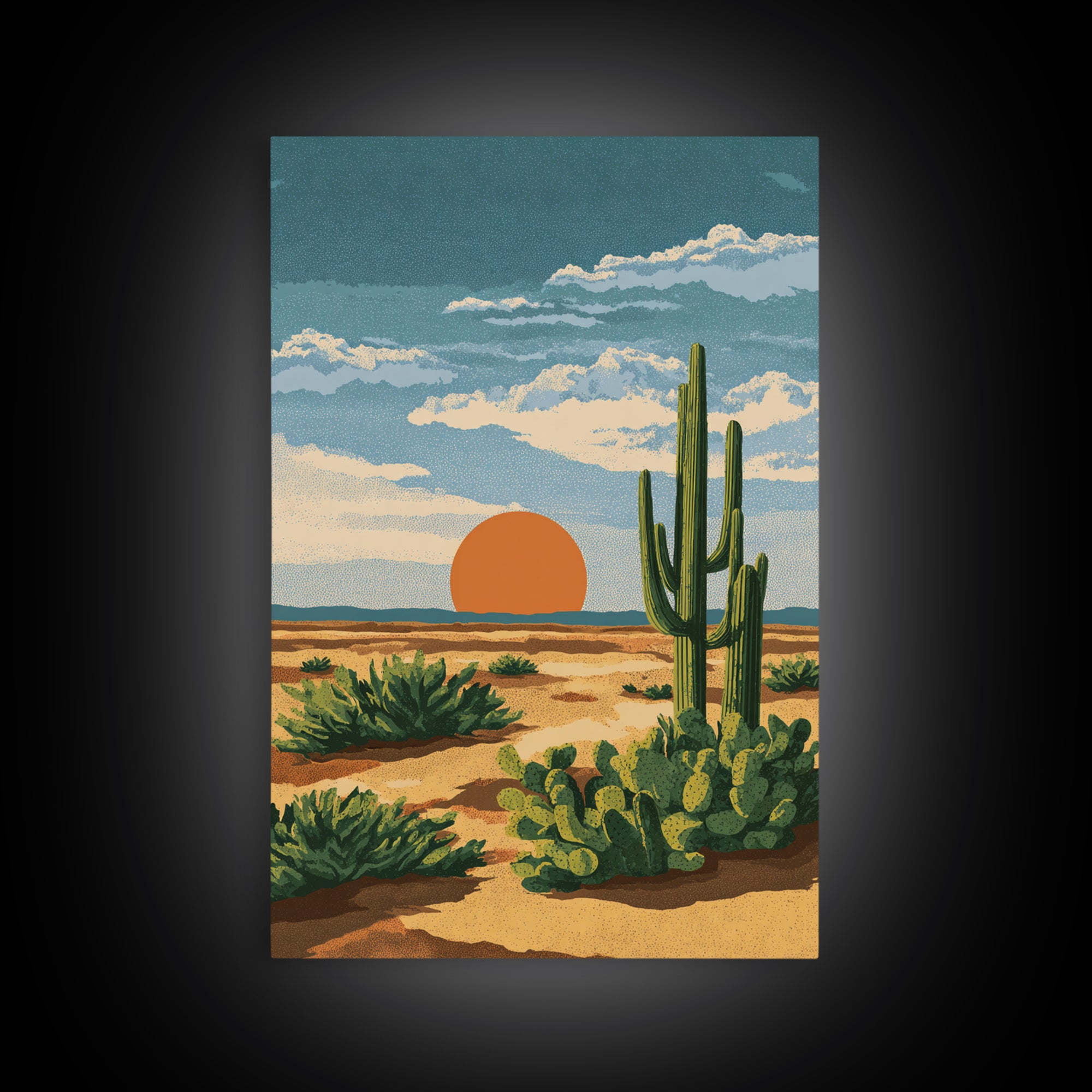 Textured Desert Cactus Sunset Canvas Print, Mid Century Modern Art, Southwestern Landscape Poster, Warm Earth Tone Decor