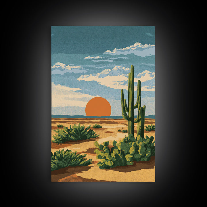 Textured Desert Cactus Sunset Canvas Print, Mid Century Modern Art, Southwestern Landscape Poster, Warm Earth Tone Decor