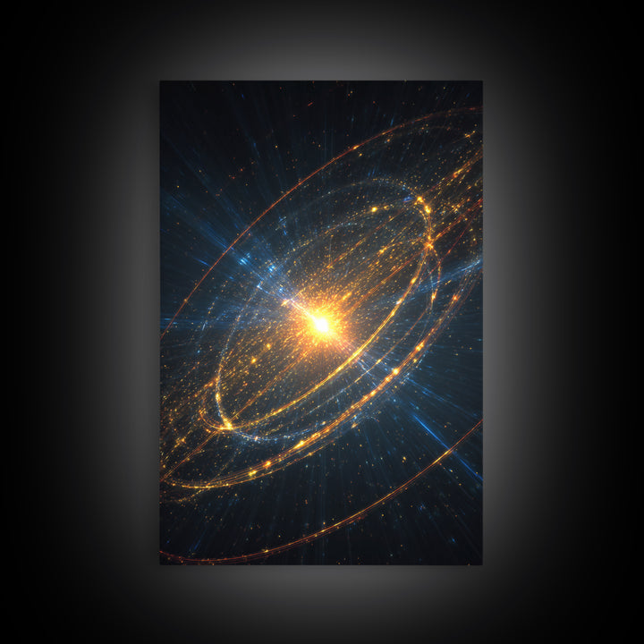 Radiant Starburst Galaxy With Golden Orbital Rings Wall Art, Cosmic Space Poster, Modern Abstract Art, Sci Fi Home Decor