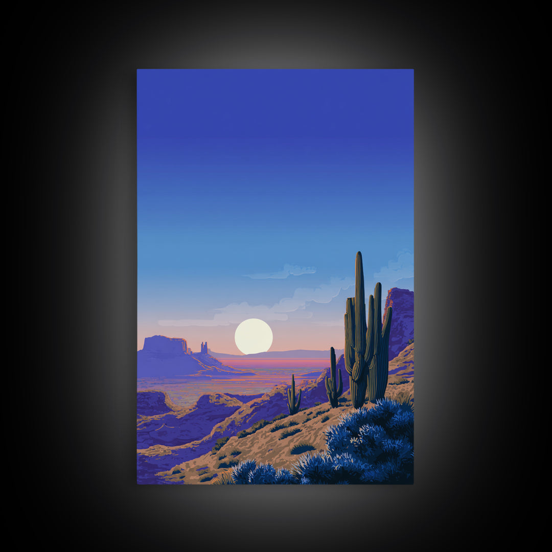 Blue Canyon Desert Moon Wall Art, Mid Century Modern Landscape Print, Cactus Travel Poster, Southwestern Home Decor For Living Room