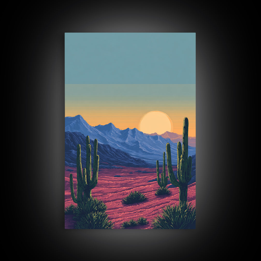 Saguaro Desert Mountains At Sunset Wall Art, Mid Century Modern Southwest Landscape, Retro Travel Poster, Colorful Home Decor