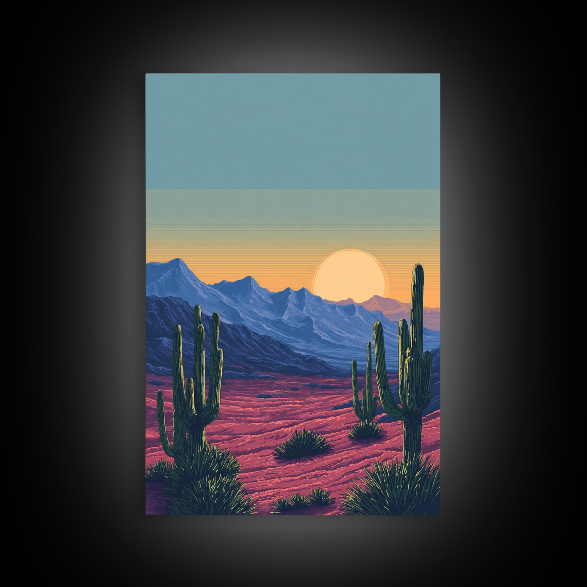 Saguaro Desert Mountains At Sunset Wall Art, Mid Century Modern Southwest Landscape, Retro Travel Poster, Colorful Home Decor
