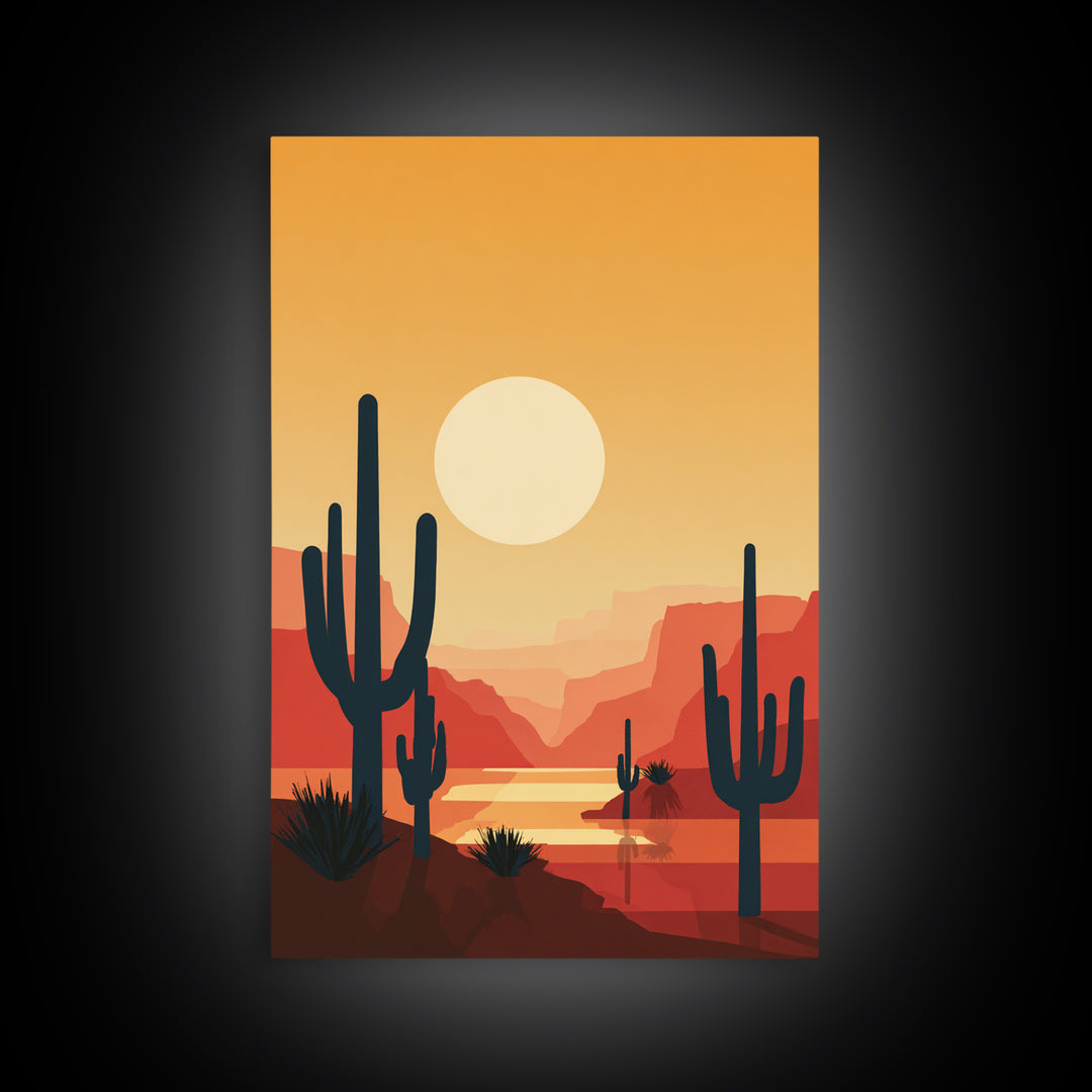Canyon River Saguaro Sunset Canvas Print, Mid Century Modern Desert Poster, Southwestern Decor, Orange Living Room Wall Art