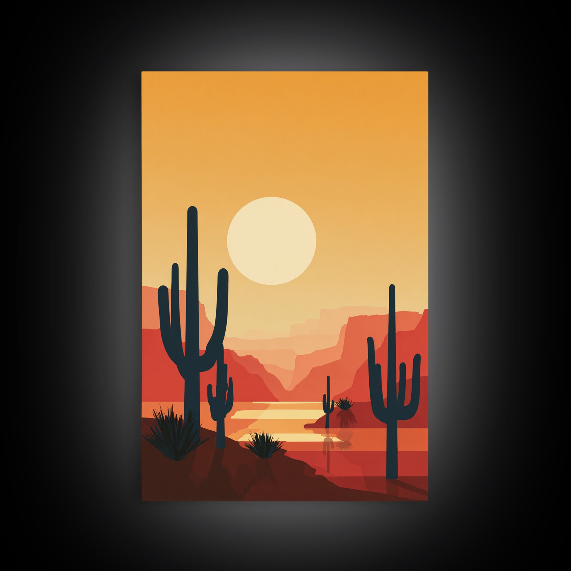 Canyon River Saguaro Sunset Canvas Print, Mid Century Modern Desert Poster, Southwestern Decor, Orange Living Room Wall Art