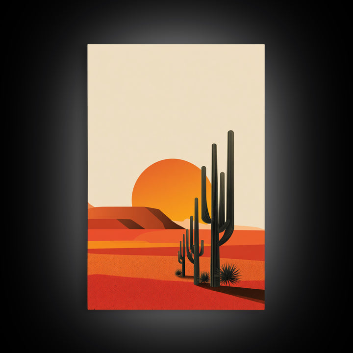 Orange Desert Sun With Tall Cactus Framed Canvas Print, Mid Century Modern Art, Minimal Southwest Decor, Warm Retro Poster