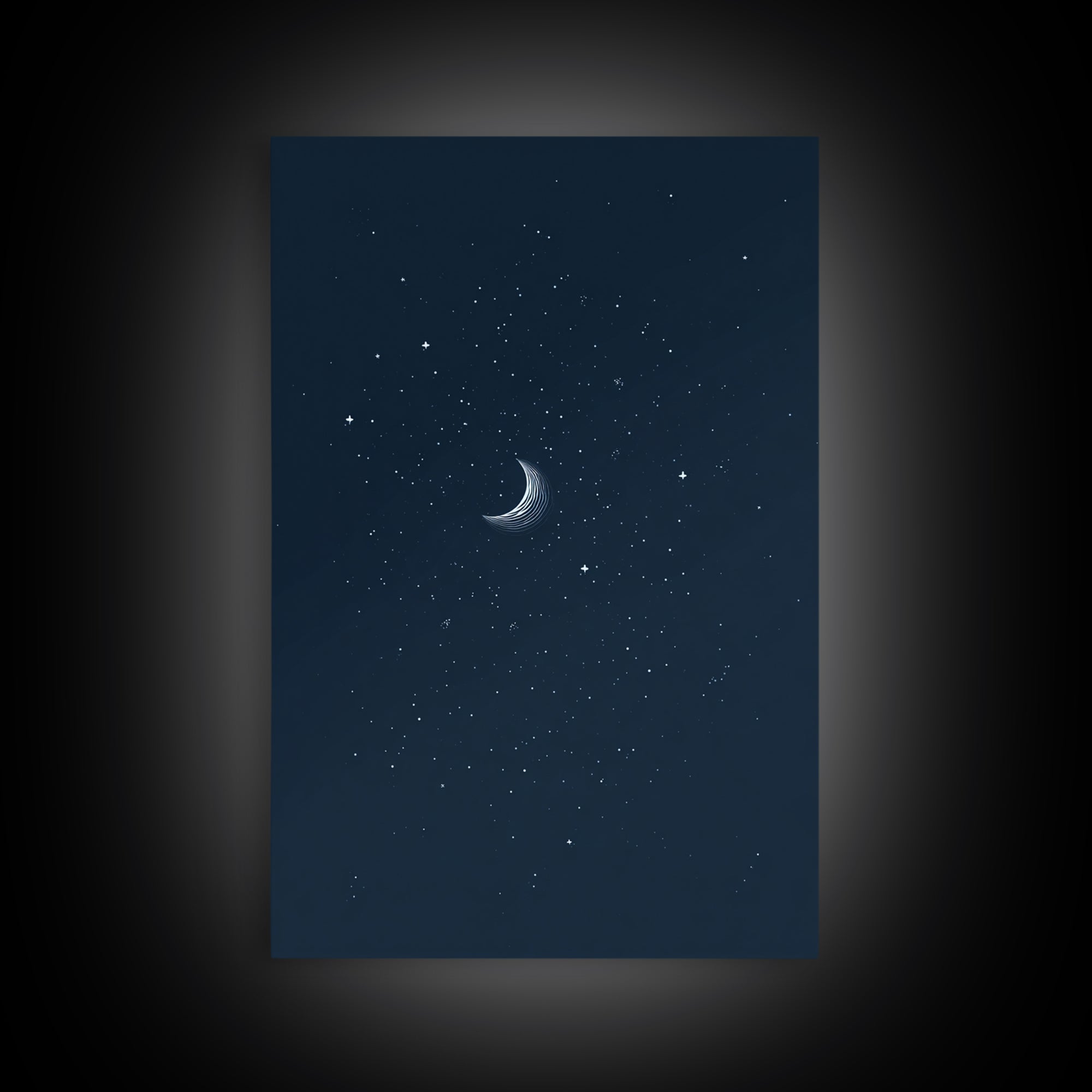 Navy Crescent Moon Starry Night Wall Art, Minimalist Celestial Print, Blue Bedroom Decor, Spiritual Modern Art Poster Gift