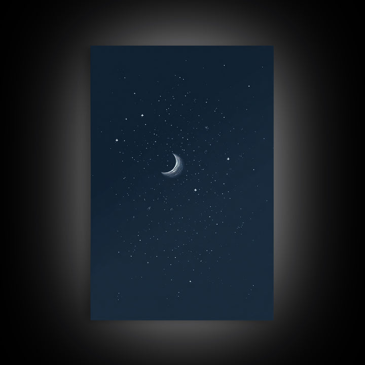 Navy Crescent Moon Starry Night Wall Art, Minimalist Celestial Print, Blue Bedroom Decor, Spiritual Modern Art Poster Gift