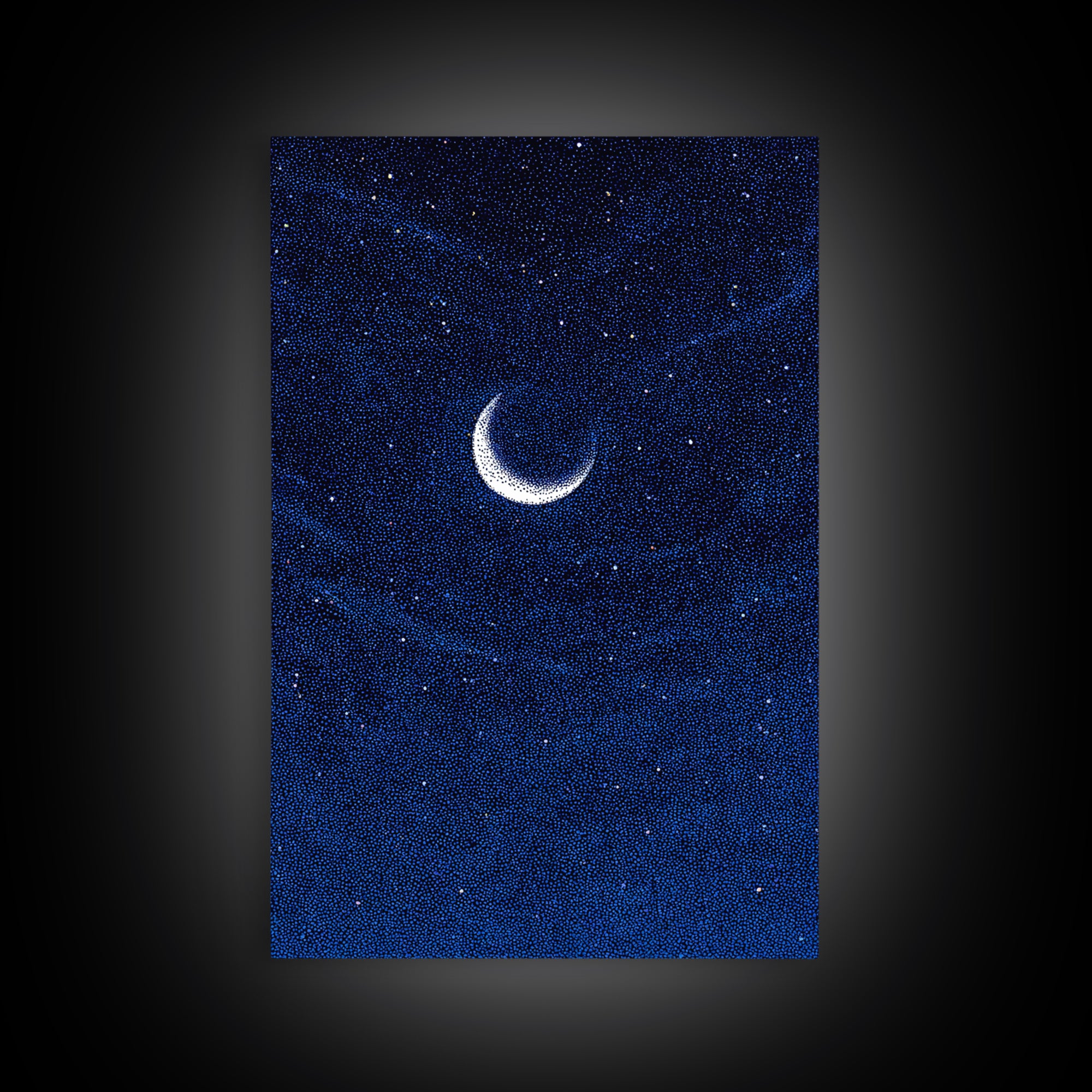 Deep Blue Crescent Moon Canvas Print, Starry Night Sky Wall Art, Minimalist Celestial Decor, Modern Bedroom Art Poster Print