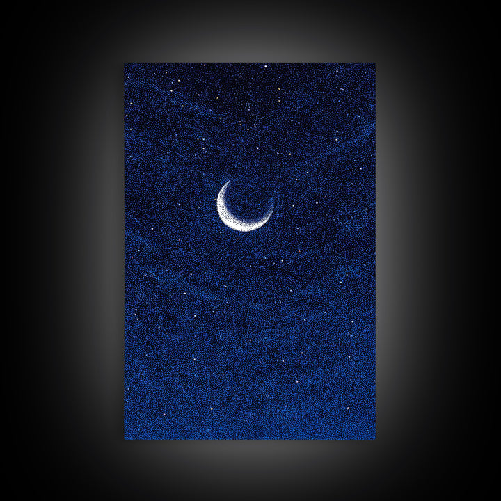 Deep Blue Crescent Moon Canvas Print, Starry Night Sky Wall Art, Minimalist Celestial Decor, Modern Bedroom Art Poster Print